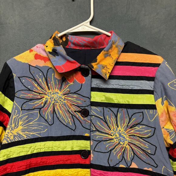 Art To Wear Blazer Patchwork Floral Boho Multicolor Flax Viscose Blend Studded - Picture 8 of 11